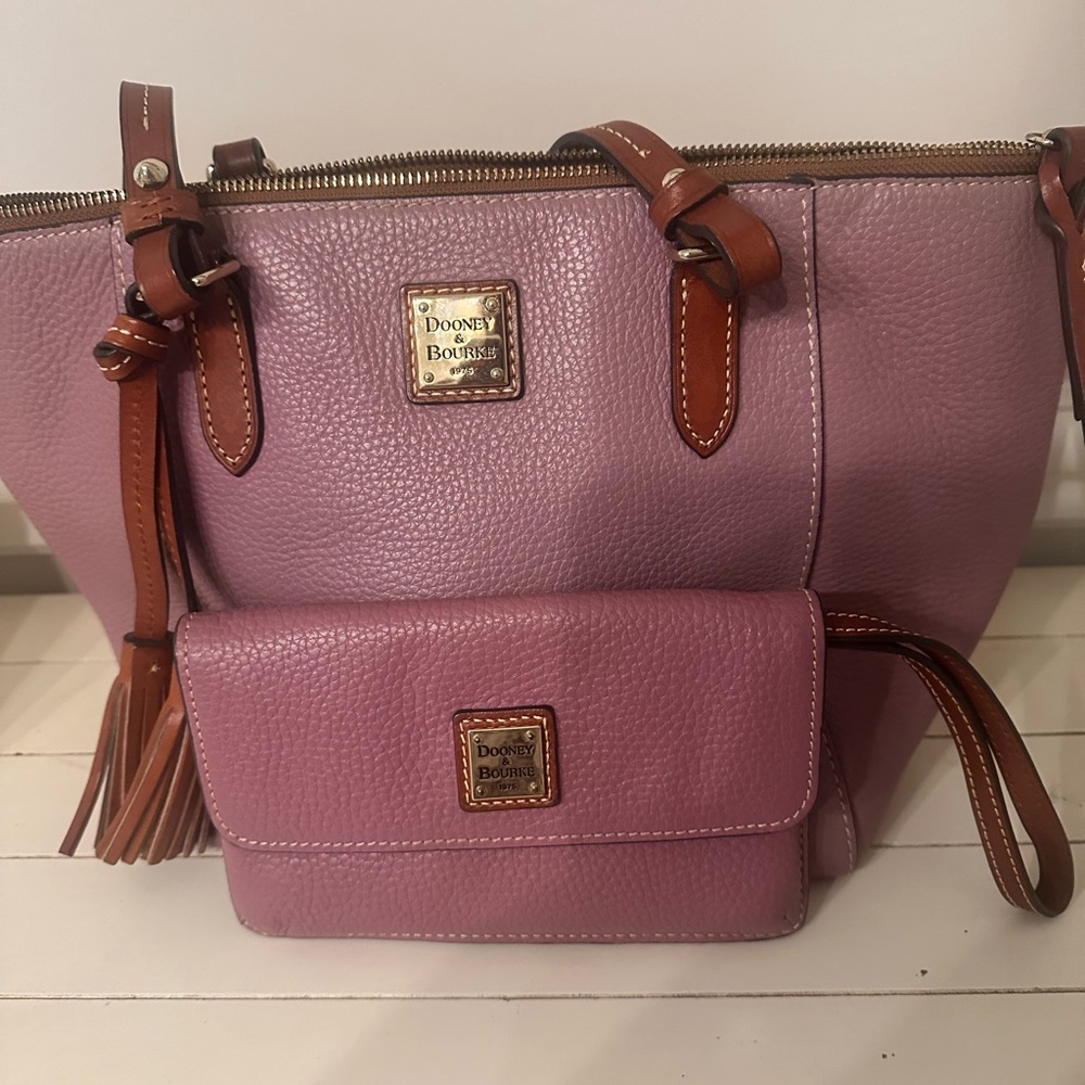 Dooney and Bourke purple pebble grain Lexington tote and wristlet